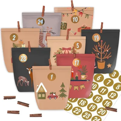 Produktbild von Adventskalender zum Befüllen 24er Set Papiertüten mit Aufklebern
