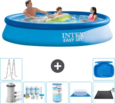 Produktbild von Intex runder aufblasbarer Easy Set-Schwimmpool – 366 x 76 cm – Blau – inklusive Pumpe Wartungspaket - Filter - Bodenplane - Solarmatte - Leiter - Fußbad