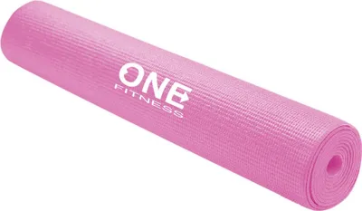 A pink yoga mat rolled up and lying diagonally on a white background.