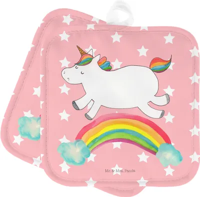 Produktbild von Mr. & Mrs. Panda Topfuntersetzer Einhorn Regenbogen - Rot Pastell - Geschenk, Unicorn, Erwachsenwerden, Topflappen, Set, Einhornpower, Kochlappen, topfhalter, Ofenlappen
