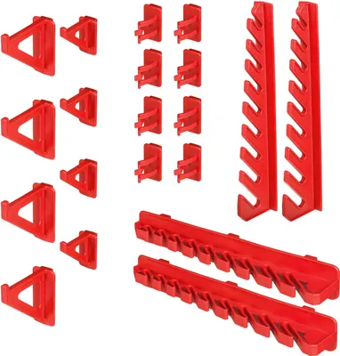A collection of red plastic storage organizers and holders arranged on a white background.