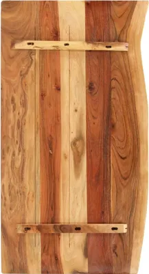 A top-down view of a wooden tabletop with visible grain patterns and color variations. Two wooden support bars with pre-drilled holes are attached across the width of the tabletop.