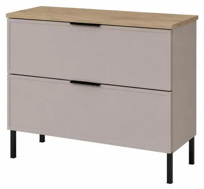 Produktbild von Badezimmerschrank stehend 80, gerillte Front 18 mm, Kaschmir + Platte helle Eiche, Kunststoffgriffe, quadratische Füße 20 cm, 80 x 4, KI-generiertes Bild