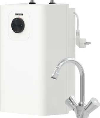 Image de STIEBEL ELTRON Petit chauffe-eau SNU 5 Plus, robinetterie de cuisine WST-W, compact, fonction anti-goutte, thermostop, chauffe-eau sous évier 5 litres basse pression, fiche