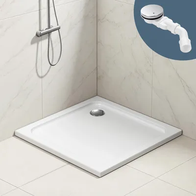 Obrázok produktu pre Eikuavons, umývadlová miska do sprchy, 90x90 cm, biela, výška 4 cm, odtok s chrómovanou povrchovou úpravou a filtrom na zachytávanie vlasov