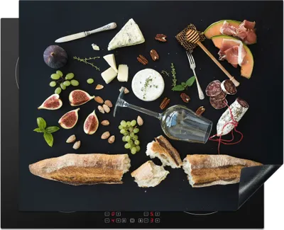 Produktbild von KitchenYeah© Herdabdeckplatte Wein - Obst - Käse , 65x52cm, Küche Deko, Glaskeramikkochfeld Herdabdeckung, Abdeckplatte fùr Kochfeld