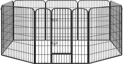 A black metal pet playpen is shown from a front-facing, slightly elevated angle.