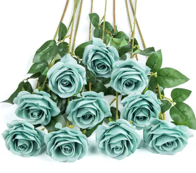 Image de Ensemble de 10 roses en soie artificielle, idéal pour les mariages et la décoration, de couleur bleu foncé et vert
