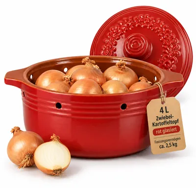 Produktbild von KERAZO 4 Liter Kartoffeltopf rund aus Steingut Keramik mit Deckel, Zwiebeltopf Vorratstopf Gemüsetopf, rot