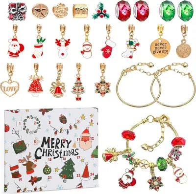 Productafbeelding van Adventskalender met armband set - Kerst aftelkalender sieraden 24 dagen - 22 bedels + 2 verstelbare armbanden 16-21cm