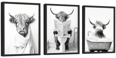 3 Highland-Cow-Poster, 30x40 cm, lustige Tiermotive, schwarz-weiß