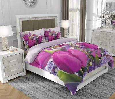 Produktbild von Bettwäsche 140x200 cm + 2x70x80 cm, 3-teilig, 100% Baumwolle, Satin, Reißverschluss, Tulpen, Bunt - SOVIO | So.0142