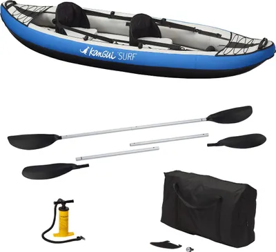 Immagine prodotto di KANGUI Canoa-kayak gonfiabile blu da 1-2 posti + pagaia + borsa da trasporto + pompa a doppia azione + kit di riparazione