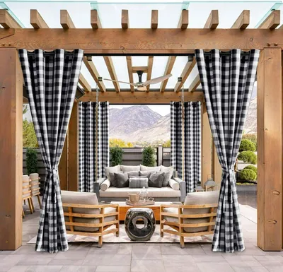 Image de Topchances Buffalo Plaid Rideaux d'extérieur pour terrasse, imperméables, avec œillets et embrasses, semi-transparents, pour kiosque, véranda et cabane, 132 x 238 cm, noir et blanc,1 pièces