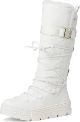A single white winter boot shown against a white background.