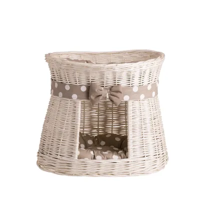 Image de Niche ovale pour chats en beige / Panier pour chats en osier avec deux étages et coussins / Tour pour chats 50X40 H45 CM
