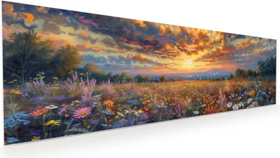 Produktbild von Glasbild 120x40cm in XXL für Wohnzimmer, Schlafzimmer Motiv Blumenwiese Sonnenuntergang