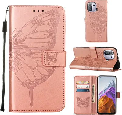 Produktbild von Xiaomi Mi 11 Pro Hülle, Schmetterling Prägung Flip Leder Kartenfächer Schutzhülle Ledertasche mit Ständer für Xiaomi Mi 11 Pro Roségold