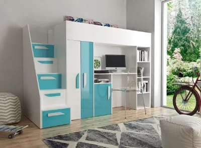 Produktbild von Hochbett Etagenbett weiß hochglanz PARIS 4 mit Schreibtisch Schrank Regal Treppe weiß-türkis