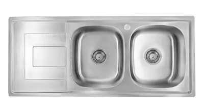 A top-down view of a stainless steel double basin kitchen sink with a drainboard.