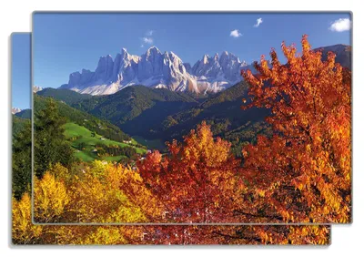 Produktbild von Wallario Frühstücksbrettchen 2er Set aus Glas, je 20 x 30 cm, mit rutschfesten Füßen, Motiv Herbst im Gebirgstal unter blauem Himmel