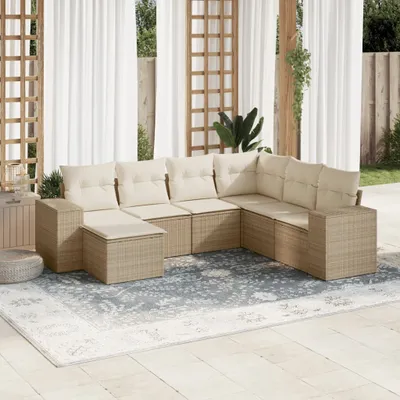 Produktbild von Design 7-tlg. Garten-Sofagarnitur mit Kissen Beige Poly Rattan, Gartenmöbel-Sets 2024 Neu