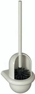 A white toilet brush and holder set against a white background.