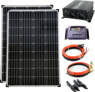 Produktbild von Solar Set 12V 2x100 Watt Solarpanel 20A Laderegler 1000W Spannungswandler Solaranlage