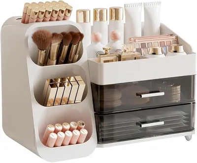 Produktbild von PolkaHome® Make-up Organizer mit 2 Schubladen, Kosmetik-Organizer für Schminktisch, Bad, Schlafzimmer – Weiß