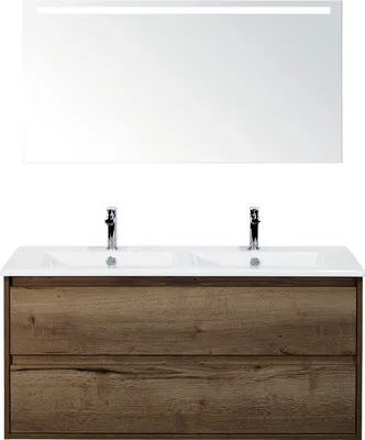 Produktbild von Sanox Badmöbel-Set Porto BxHxT 121 x 170 x 51 cm Frontfarbe tabacco mit Doppel-Waschtisch Keramik weiß, Spiegel mit LED-