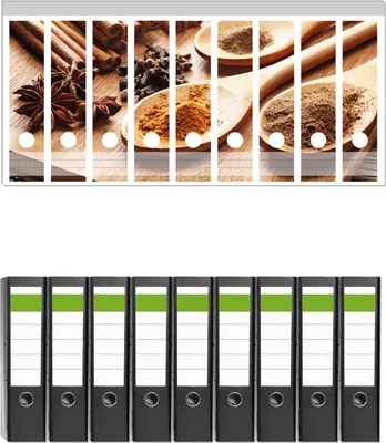 Produktbild von Wallario 9 Stück breite Ordner inkl. Klebeetiketten mit Motive Kräuter und Gewürze auf Holzlöffeln -  Set mit Rückenschildern / Ordnerrücken Stickern