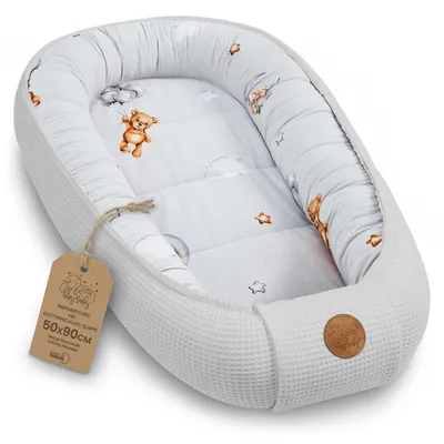 Produktbild von Babynest Neugeborene Nestchen Baby - 90x50 cm Kokon Handmade zweiseitig aus Waffel Piqué Baumwolle Schlummer Teddybären