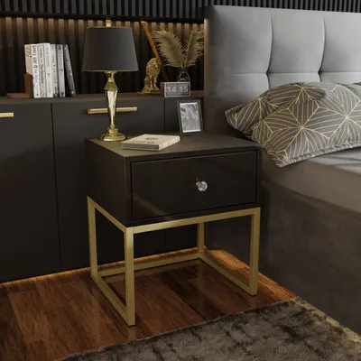 Produktbild von Nachttisch BLANCO GOLD schwarz Hochglanz auf goldenem Gestell mit Griffen