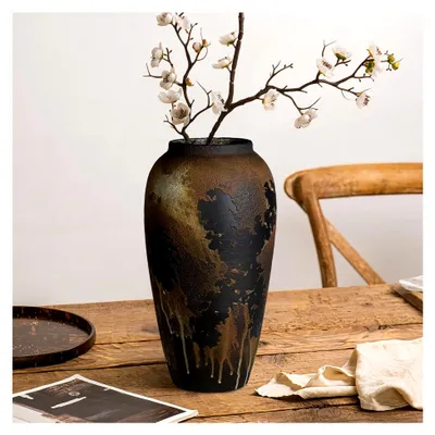 Produktbild von Schwarze rustikale Keramikvase für Blumen, 34 cm