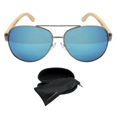 Produktbild von Polarisierte Pilotenbrille Polarisiert Blau Verspiegelt mit Echt Holz Bambus Bügel Piloten Luxxada Sonnenbrille mit Hardcase