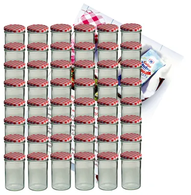 Image de Ensemble de 48 bocaux de 435 ml, idéal pour la confiture, les conserves et les bocaux de conservation. Bocal en verre, modèle 82, rouge à carreaux. Livré avec couvercle