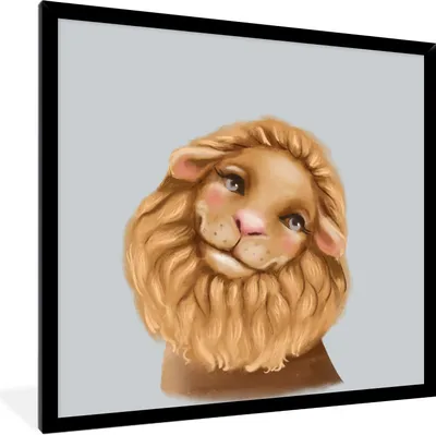 Produktbild von MuchoWow® Gerahmtes Poster Löwe - Kinder - Grau 40x40 cm - Poster mit Schwarzem Bilderrahmen Wandposter Rahmen Foto Bilder - Mit Rahmen - Wanddekoration Schlafzimmer