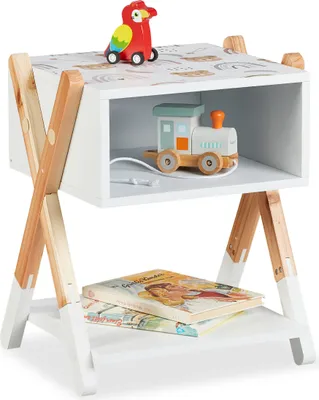 Produktbild von Relaxdays Nachttisch Kinder, offenes Fach, Teddy-Design, HBT 42x34x30 cm, Kinderkommode X-Design, Holz & MDF, mehrfarbig