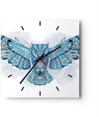 Produktbild von Wanduhr - Quadrat - Glasuhr - Eule Flügel Tierwelt Grafik - 30x30cm - Schleichendes Uhrwerk - Lautlos - zum Aufhängen bereit - Dekoration Modern - Wanddekoration aus Glas - C3AC30x30-3087