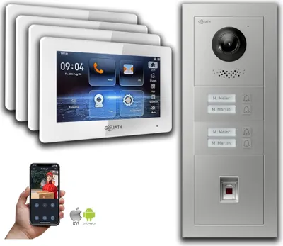 Produktbild von Goliath 2-Draht BUS Video Türsprechanlage: 4 Familienhaus, Fingerprint, Silber : 7 Zoll in Weiß : Unterputzdose Monitor Auswahl: 7 Zoll in Weiß Türklingel Montagedose: Unterputzdose
