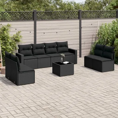 Produktbild von Design 9-tlg. Garten-Sofagarnitur mit Kissen Schwarz Poly Rattan, Gartensofas 2024 Neu