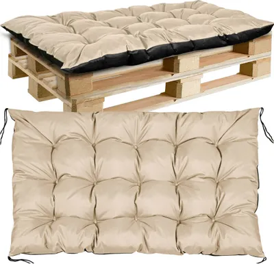 A beige tufted cushion is shown on top of a wooden pallet in the top image, and a close-up of the cushion is shown in the bottom image.