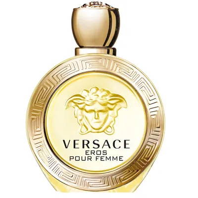 A close-up studio shot of a gold Versace Eros Pour Femme Eau de Toilette bottle.