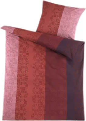 A folded duvet cover and pillowcase set with a striped pattern of circles.