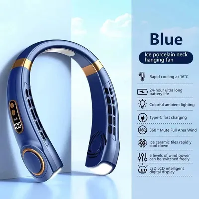Produktbild von Nackenventilator tragbar, flügellos, USB wiederaufladbar, LED-Display, geräuschlos – Blau