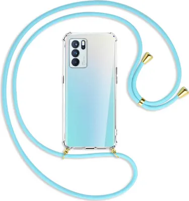 Produktbild von Handykette Backcover-Schutzhülle mit Band (Metall goldfarben) für Oppo Reno6 Pro Plus 5G (PENM00) - himmelblau