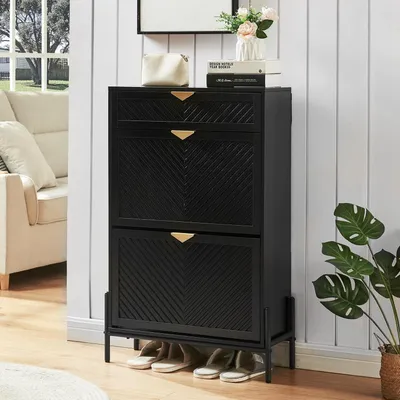 Image de Armoire à chaussures étroite avec 2 portes et un tiroir, de couleur noire