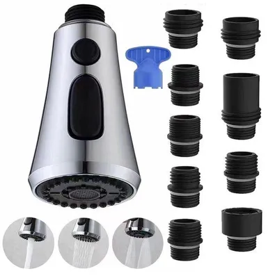 Produktbild von Küchenarmatur-Ersatzsatz: Edelstahl-Sprinklerkop mit 3 Ausziehbaren Düsenmund und 9 Adaptern für Küchenarmaturen
