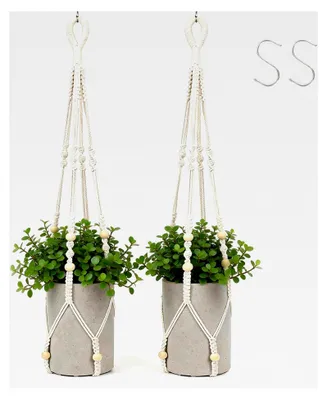 Produktbild von 2er Set Makramee Blumenampel aus Baumwollseil mit Metallhaken für Innen- und Außenbereich