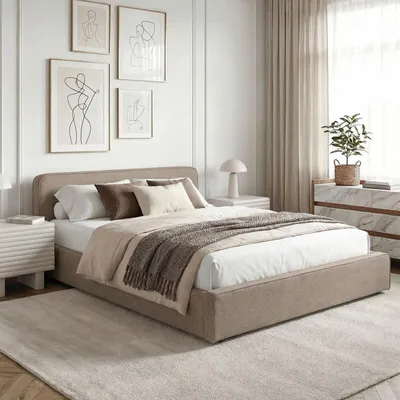 Produktbild von Polsterbett MARINI Doppelbett 140x200 cm in greige -  Bett gepolstert mit Lattenrost, modernes Design & stabiles Holzgestell mit Kunststofffüßen